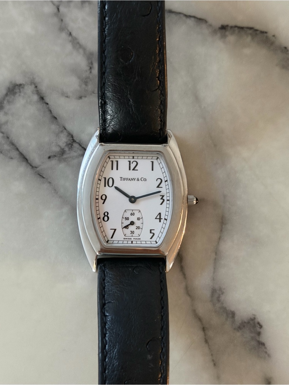 Tiffany & Co. White Dial Watch with Black Leather Strap
